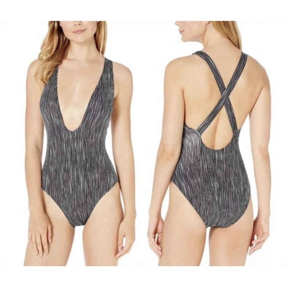 La Blanca Plunge Mio 1 PC Swimsuit Women Size 10 Back White Ripple Waves NEW